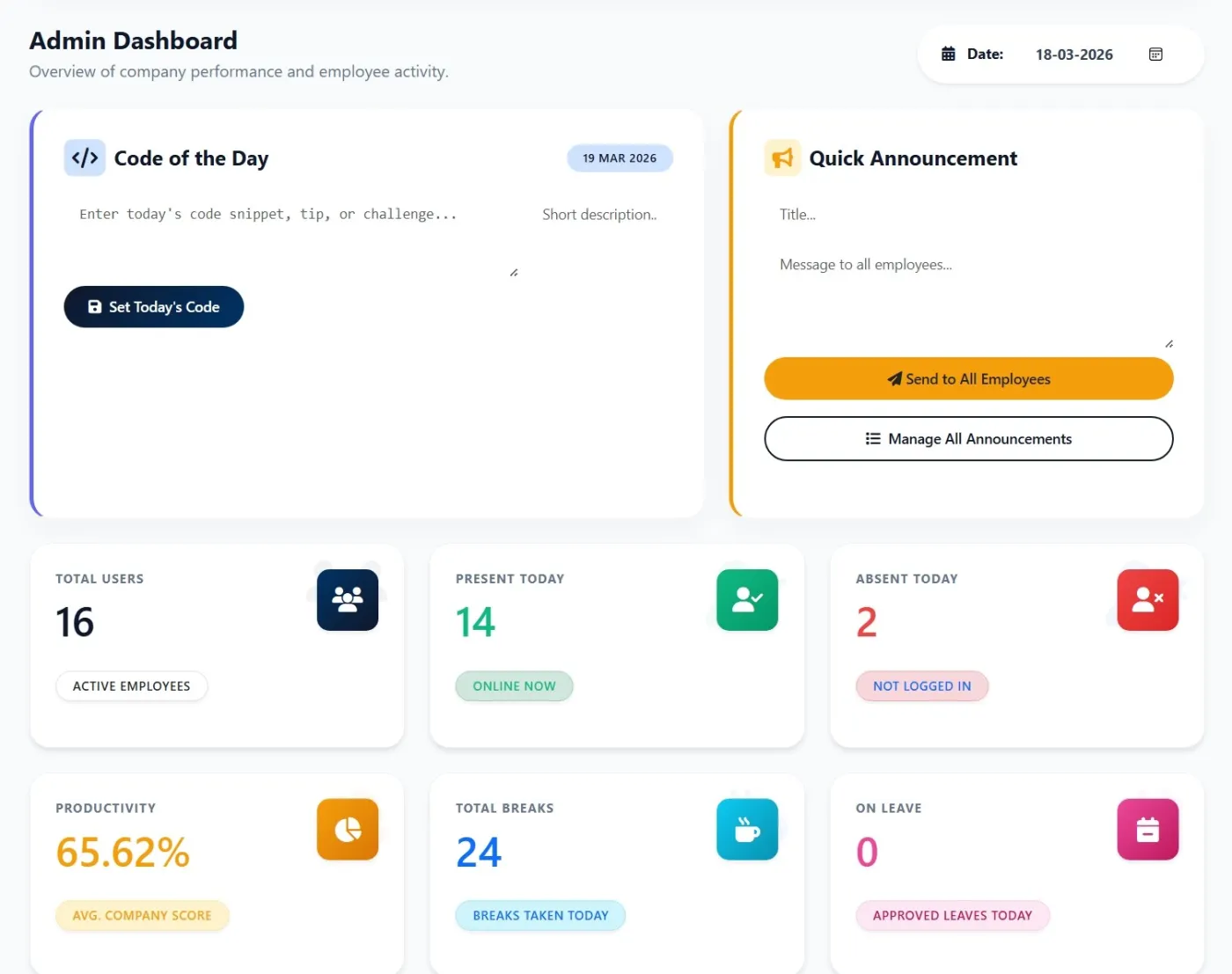 Zneus admin dashboard with today's attendance, productivity and active employees