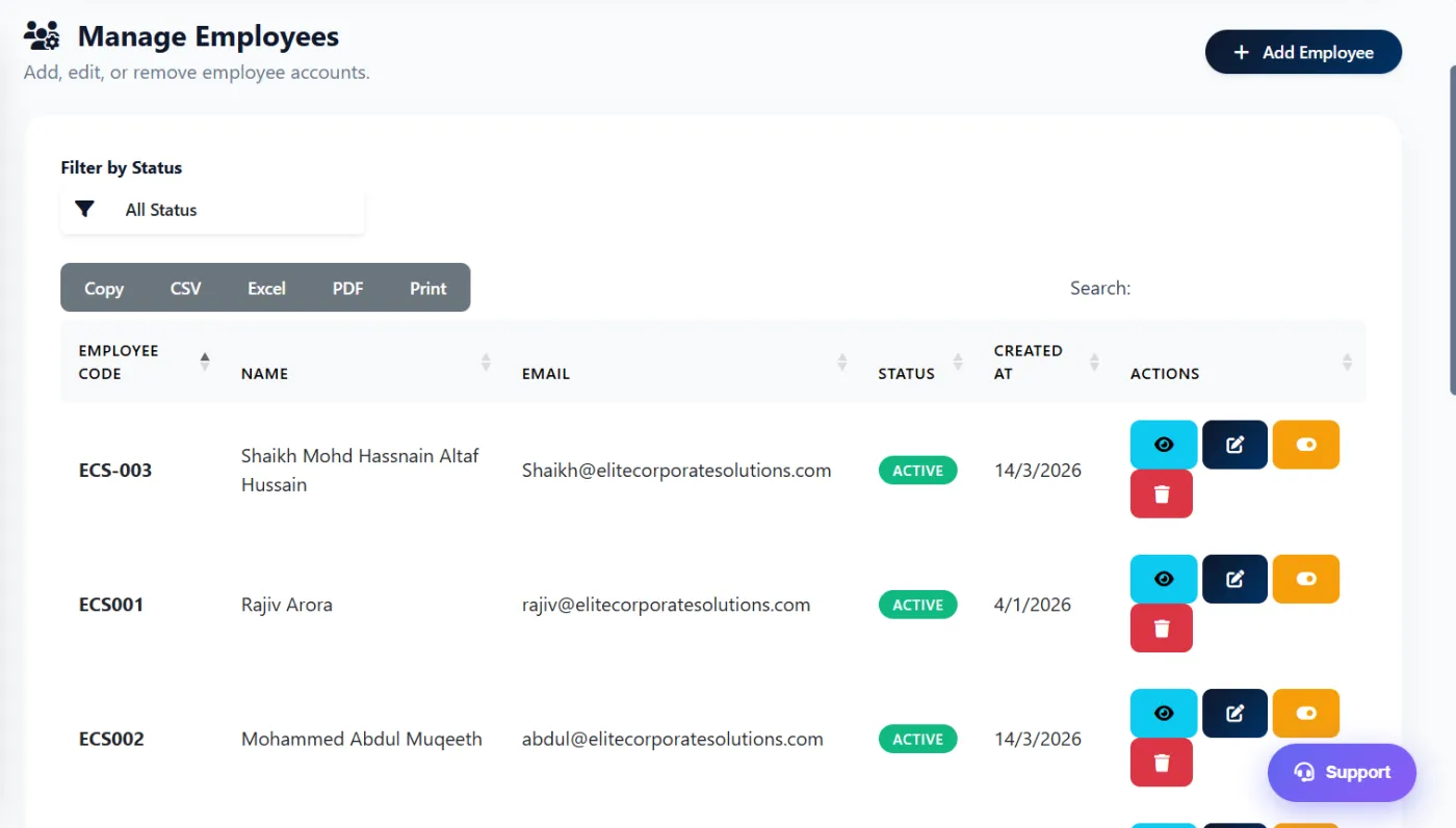 Manage employees screen in Zneus with employee list, team and status