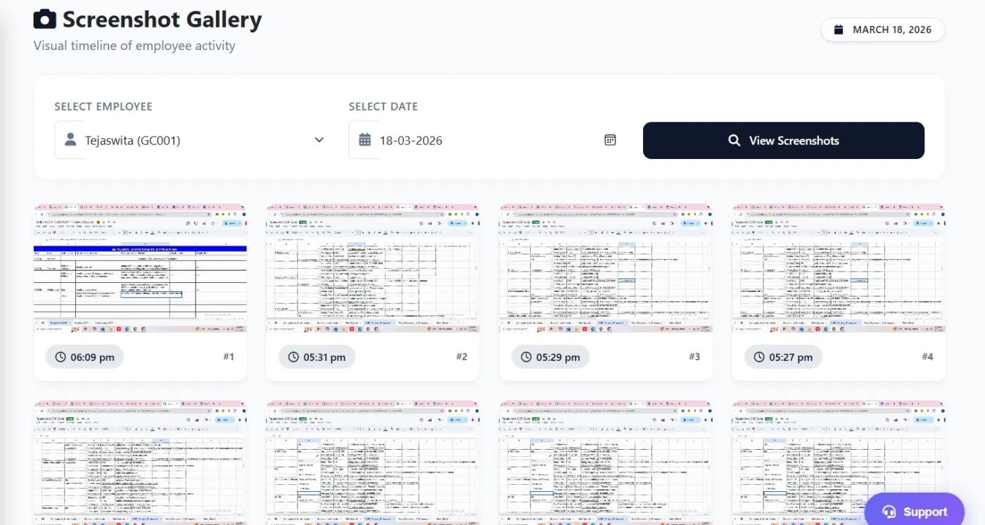 Screenshot report in Zneus with a timestamped timeline of one employee's screenshots