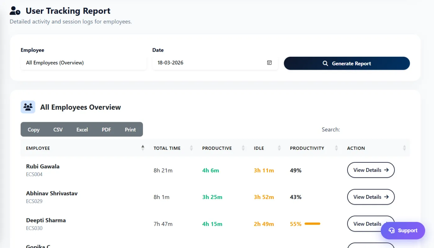 Zneus user tracking report with productive, idle and unproductive time per employee