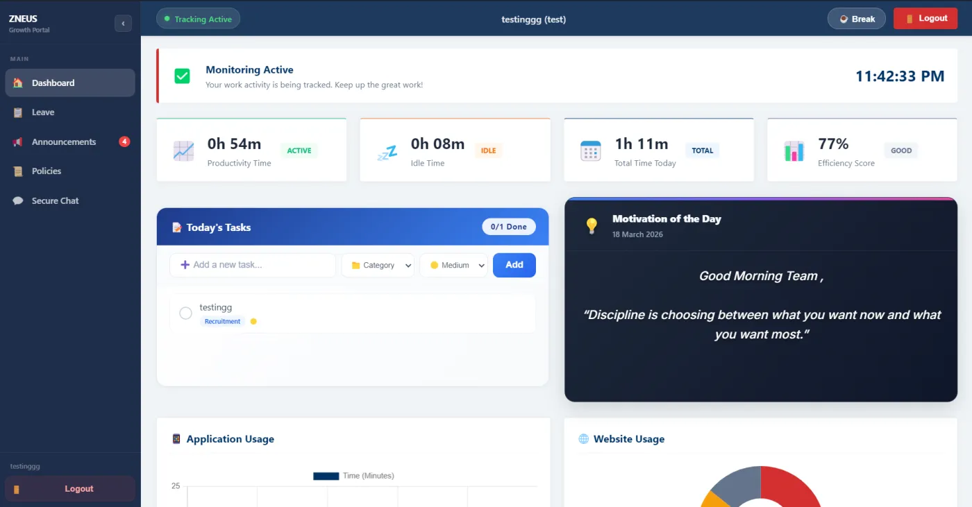 Zneus employee desktop app dashboard on Windows showing today's work hours